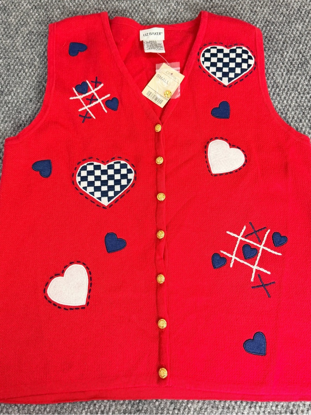 Liz Baker Red Knit Vest with Heart & Game Appliqués